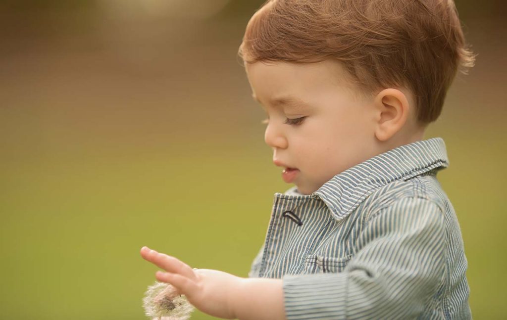 Photo of a boy playing with a dandelion