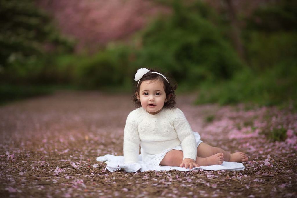 Cute baby girl sitting amidst cherry blossoms in Connecticut