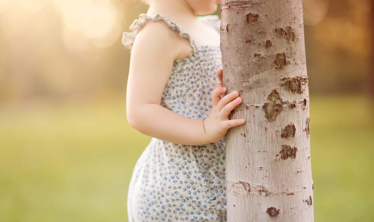 Child's hand holding a tree trunk as captured by a baby photographer